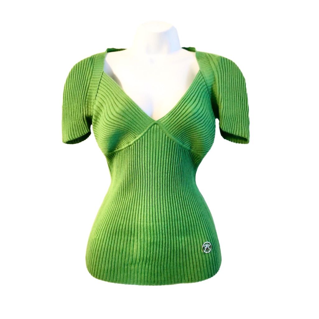Christian Dior Vintage Green Ribbed Knit Low V Top